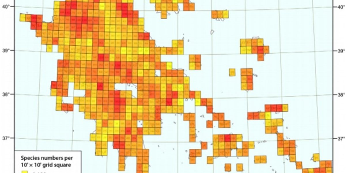Αριθμός ειδών σε κελιά 10′ x 10′ (by Botanica Serbica)