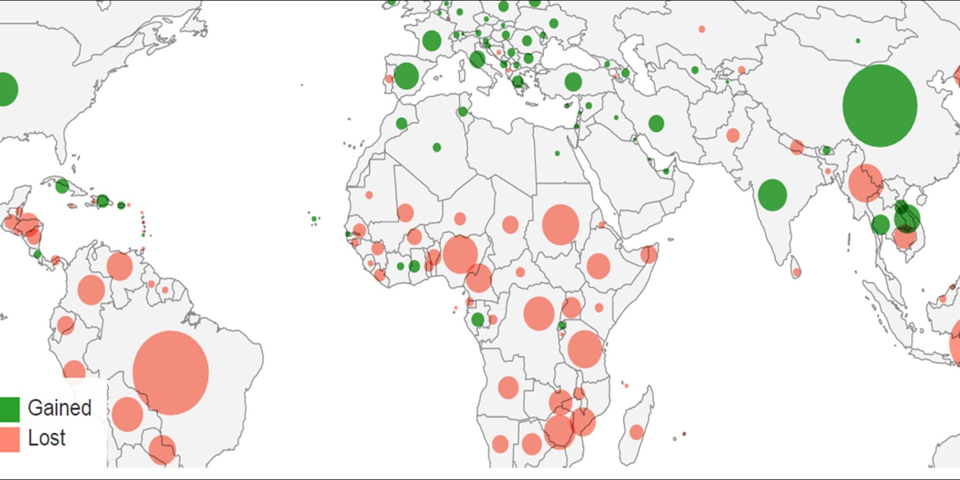 Αύξηση δασών (με πράσινο) και μείωση έκτασης δασών (με κόκκινο χρώμα) στον κόσμο